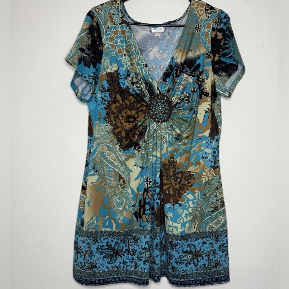 BEIGE BY ECI Babydoll Top Sz 1X Blue Green Y2k Paisley Beaded Ruched